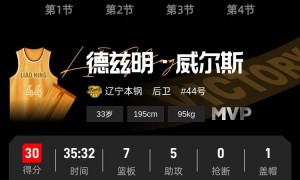 威尔斯30+7+5王岚嵚19分 辽宁主场大胜浙江广厦